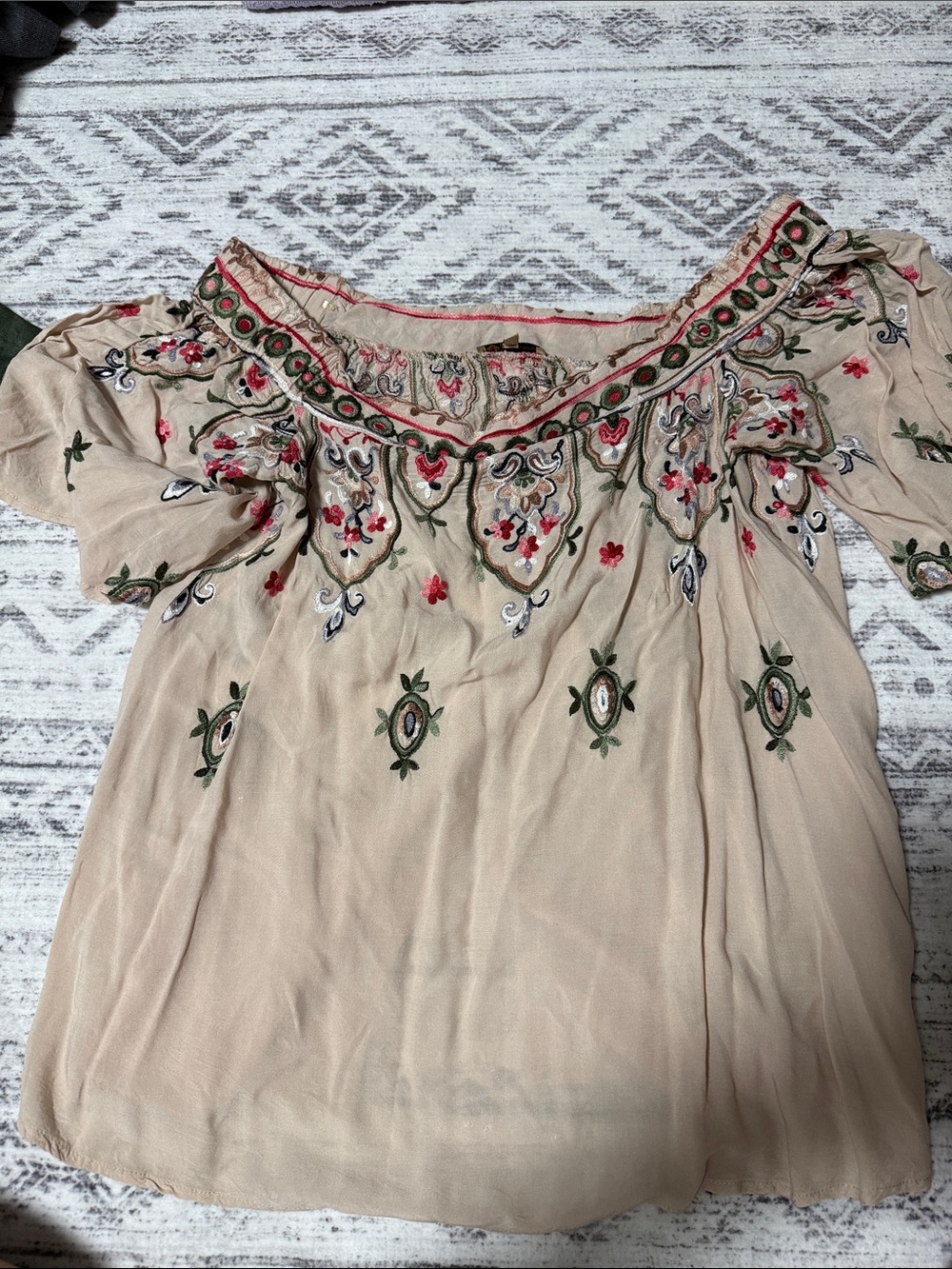 Democracy Beige Off-Shoulder Blouse with Red & Green Embroidery